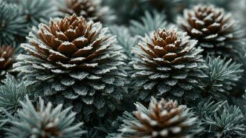 AI generated Examine the unique frost patterns on individual pinecones, elucidating the specific conditions required for such intricate formations. photo