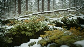 AI generated Describe the textures and colors of lichen-covered branches in a snow-covered boreal forest. photo