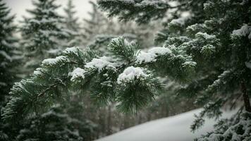 AI generated Illustrate the weight of freshly fallen snow on the branches of coniferous trees, emphasizing the challenge it presents to the trees and the ethereal beauty it adds to the forest. photo