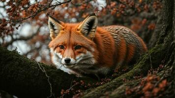 AI generated Detail the intricate process of a red fox building a den beneath the protective branches of a winter oak. photo