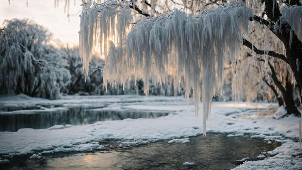 AI generated Depict the intricate ice formations hanging from the branches of a weeping willow by a frozen stream. photo