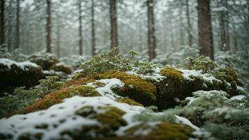 ai generado describir el texturas y colores de cubierto de líquenes ramas en un cubierto de nieve boreal bosque. foto