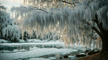 ai generado representar el intrincado hielo formaciones colgando desde el ramas de un llanto sauce por un congelado arroyo. foto