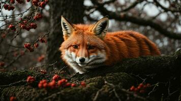 AI generated Detail the intricate process of a red fox building a den beneath the protective branches of a winter oak. photo