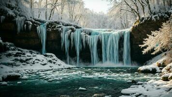 AI generated Create a vivid picture of a frozen waterfall framed by icicle-covered trees. photo