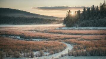 ai generado de invierno paleta explorar el sutil matices de invierno por enmarcado un bosque escena dónde el frio tonos de nieve mezcla sin problemas con el calentar matices de el amanecer o puesta de sol. foto