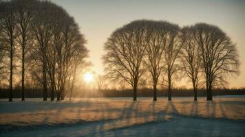 AI generated Detail the subtle variations in color as the winter sun sets behind a copse of maple trees. photo