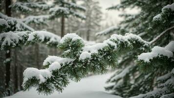 AI generated Illustrate the weight of freshly fallen snow on the branches of coniferous trees, emphasizing the challenge it presents to the trees and the ethereal beauty it adds to the forest. photo