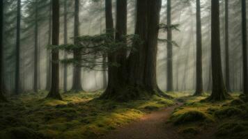 AI generated Explore the concept of timelessness in a winter forest, where centuries-old trees stand as silent witnesses to the changing seasons. photo