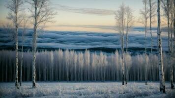 ai generado pintar un vívido imagen de el tranquilo invierno crepúsculo en un abedul arboleda, enfoque en el único patrones creado por el contraste Entre el blanco ladrar y el profundo azul matices de el cielo. foto