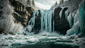 AI generated Create a vivid picture of a frozen waterfall framed by icicle-covered trees. photo