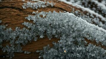 AI generated Zoom in on the intricate patterns formed by ice on the bark of various tree species, emphasizing the diversity in texture and how each tree type reacts differently to winter conditions. photo