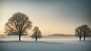 AI generated Winter silhouettes Frame a minimalist composition with the silhouette of snow-covered trees against the soft glow of the winter sky, emphasizing the simplicity and beauty of nature. photo