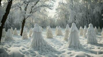 AI generated Describe the phenomenon of snow ghosts created by the accumulation of snow on the twisted branches of a deciduous forest. photo