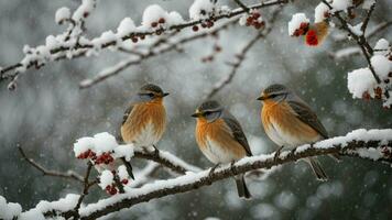 AI generated Describe the behavior and interaction of winter birds perched on snow-covered branches, capturing their resilience in the face of cold weather and their role in the winter ecosystem. photo