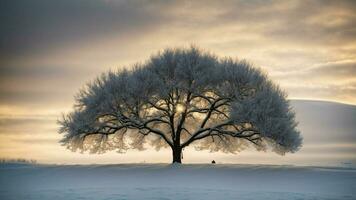 AI generated Winter silhouettes Frame a minimalist composition with the silhouette of snow-covered trees against the soft glow of the winter sky, emphasizing the simplicity and beauty of nature. photo