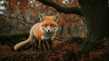 AI generated Detail the intricate process of a red fox building a den beneath the protective branches of a winter oak. photo