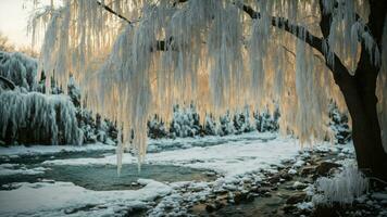 AI generated Depict the intricate ice formations hanging from the branches of a weeping willow by a frozen stream. photo