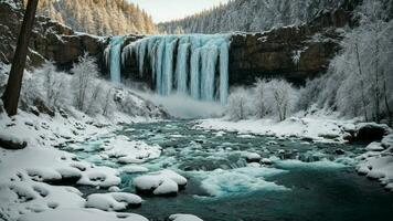 AI generated Envision the spectacle of frozen waterfalls framed by trees in a winter landscape, emphasizing the unique juxtaposition of the flowing and the static elements in nature. photo