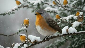 AI generated Describe the behavior and interaction of winter birds perched on snow-covered branches, capturing their resilience in the face of cold weather and their role in the winter ecosystem. photo