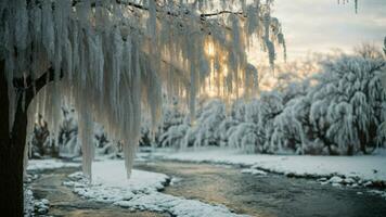 AI generated Depict the intricate ice formations hanging from the branches of a weeping willow by a frozen stream. photo