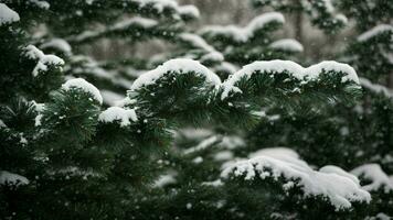 ai generado ilustrar el contraste Entre el oscuro hojas perennes agujas y el prístino nieve asentamiento en el ramas de un conífero árbol. foto