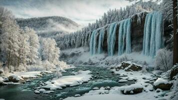 AI generated Envision the spectacle of frozen waterfalls framed by trees in a winter landscape, emphasizing the unique juxtaposition of the flowing and the static elements in nature. photo