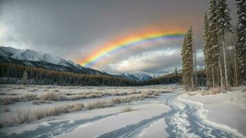 AI generated Write about the rare occurrence of a winter rainbow arching over a grove of snow-laden aspen trees. photo
