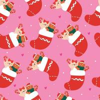 seamless pattern cartoon bear and ginger bread inside a socks and Christmas element. Cute Christmas wallpaper for card, gift wrap paper vector