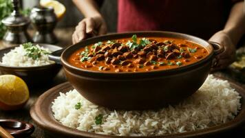 AI generated Present a festive version of Rajma Rice with colorful toppings and sides. photo
