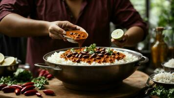 AI generated Present a festive version of Rajma Rice with colorful toppings and sides. photo