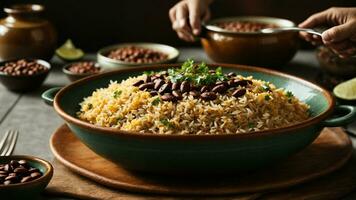 AI generated Present a festive version of Rajma Rice with colorful toppings and sides. photo