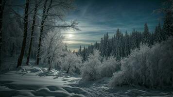 ai generado describir el interacción de luz de la luna en cargado de nieve ramas en un denso invierno bosque. foto