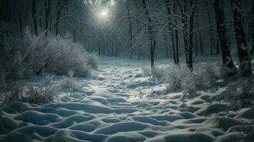 ai generado describir el interacción de luz de la luna en cargado de nieve ramas en un denso invierno bosque. foto