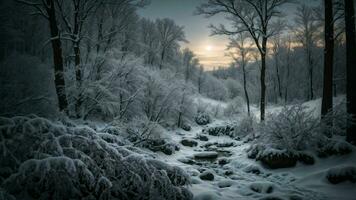 ai generado describir el interacción de luz de la luna en cargado de nieve ramas en un denso invierno bosque. foto