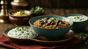 AI generated Present a festive version of Rajma Rice with colorful toppings and sides. photo