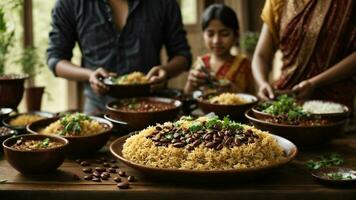 AI generated Present a festive version of Rajma Rice with colorful toppings and sides. photo