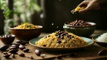 AI generated Present a festive version of Rajma Rice with colorful toppings and sides. photo