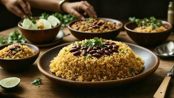 AI generated Present a festive version of Rajma Rice with colorful toppings and sides. photo