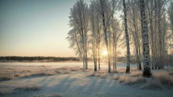 ai generado ilustrar el momento cuando el primero rayos de amanecer Beso el escarchado consejos de abedul arboles en un tranquilo invierno paisaje. foto