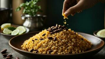 AI generated Present a festive version of Rajma Rice with colorful toppings and sides. photo