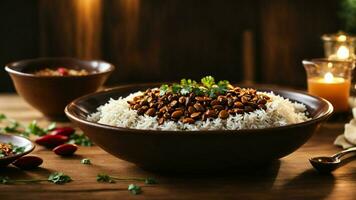 AI generated Play with lighting to create a warm and inviting ambiance around your Rajma Rice. photo