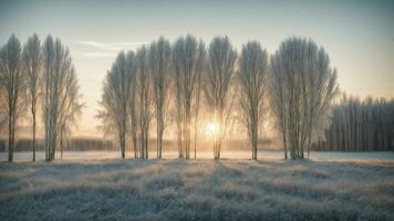 ai generado ilustrar el momento cuando el primero rayos de amanecer Beso el escarchado consejos de abedul arboles en un tranquilo invierno paisaje. foto