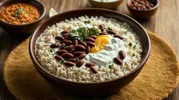 AI generated Present a festive version of Rajma Rice with colorful toppings and sides. photo