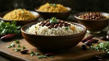 AI generated Present a festive version of Rajma Rice with colorful toppings and sides. photo