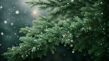 AI generated Depict the delicate dance of snowflakes settling on the needles of a towering evergreen. photo
