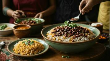 AI generated Present a festive version of Rajma Rice with colorful toppings and sides. photo