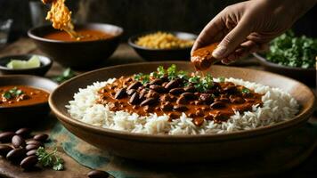 AI generated Present a festive version of Rajma Rice with colorful toppings and sides. photo