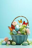 AI generated Easter basket filled with eggs andfluttering butterflies, set against a light blue background photo