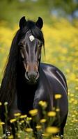 ai generado un sorprendentes negro caballo con lustroso Saco y perforación ojos, en pie en un campo de flores silvestres foto